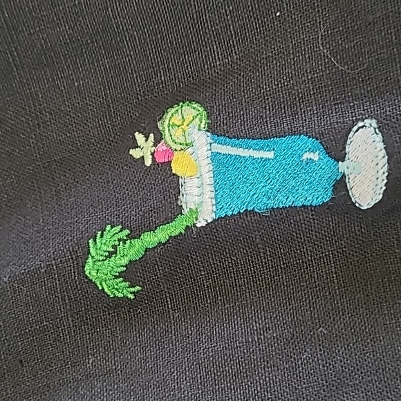 Saint Tropez West Black Linen Pants with Colorful Embroidered Cocktails size 10 - Picture 7 of 12